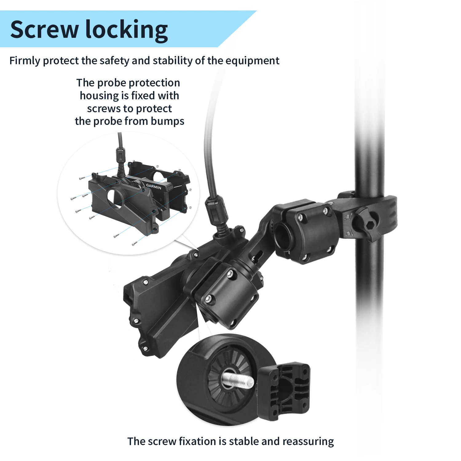 

VINmounts 0° Clamping LiveScope Rod Mount, compatible with LVS34, multi-mode transducer rod mount with large jaw clamp