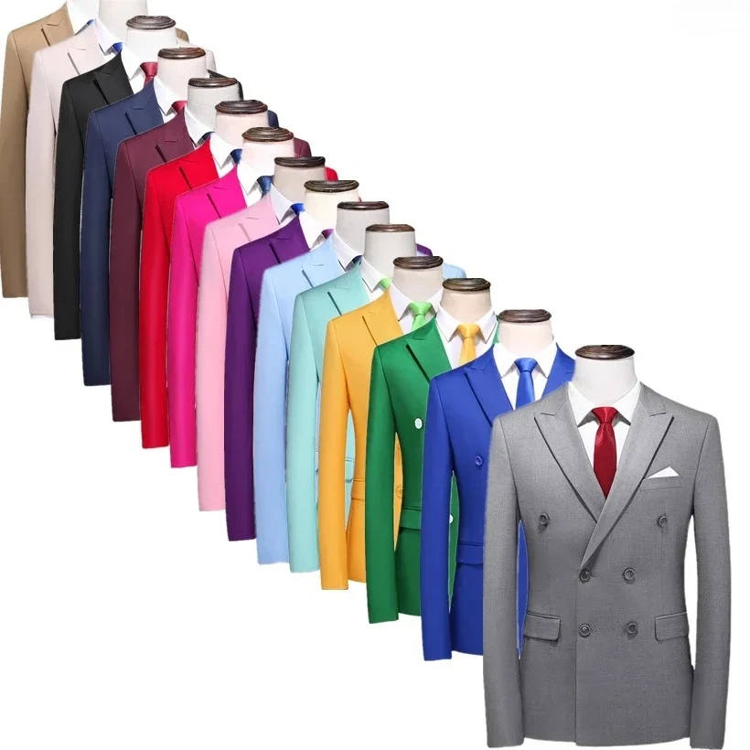 

Синий мужской двубортный пиджак, черный деловой/офисный халат, фиолетовые пиджаки азиатского размера, красный, серый, желтый, зеленый.