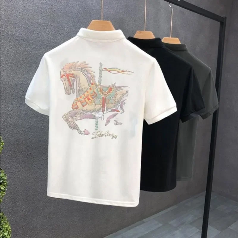 Mens with Collar T-shirt Print White O Neck Black High Quality Luxury Casual Cheap Tops Kpop Clothes Wholesale Male Polo Shirts