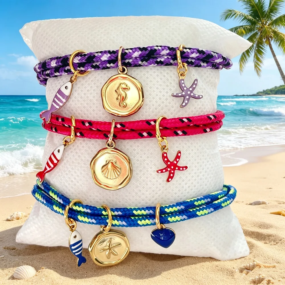 Handmade Beach Vibe Bracelet Fish Starfish Shell Charm Adjustable Rope Bracelet