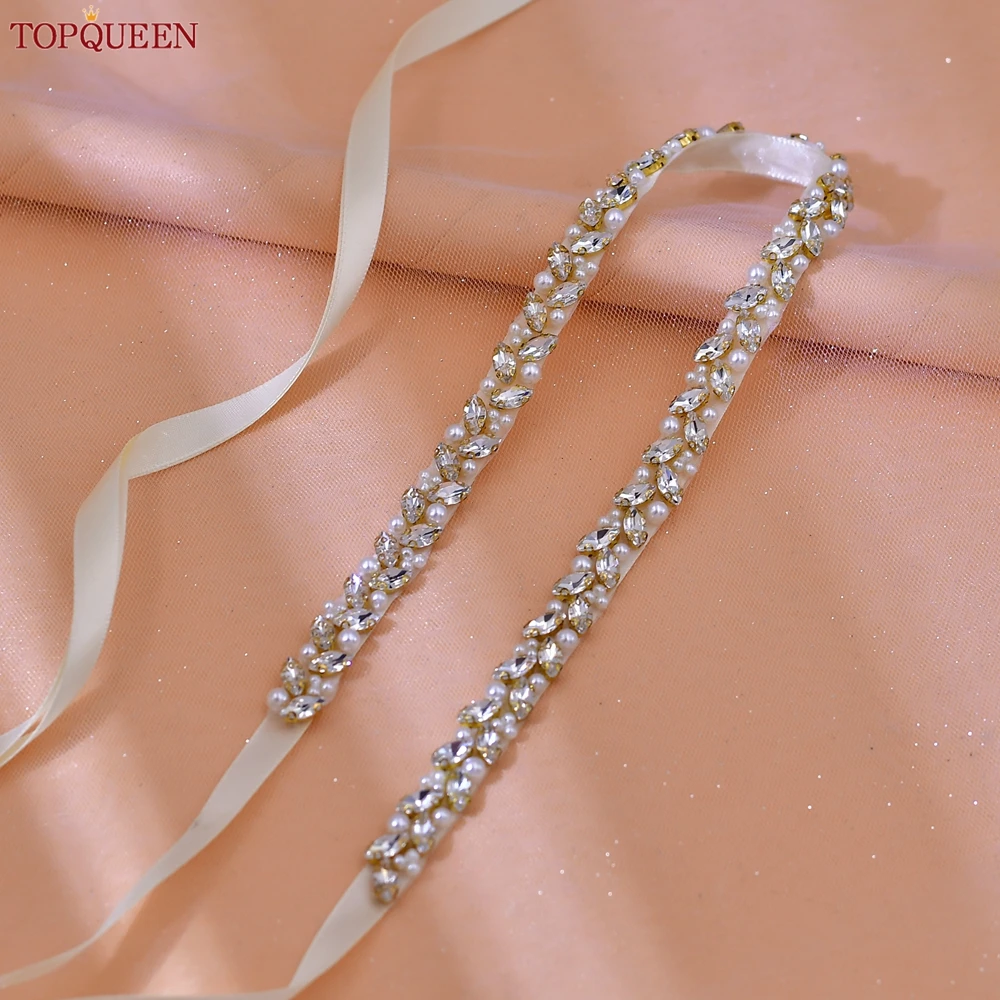 TOPQUEEN S383-G Gold Rhinestone Bridal Belt Thin Women'S Dress Formal Wear Sash Jewel Bridesmaid Wedding Accessories Plus Size