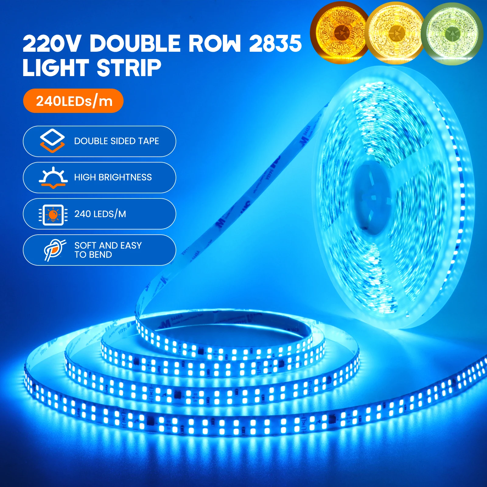 

5M 10M 20M 220V 2835 LED Strip Light With Adhesive High Bright 240LEDs/m IP44 Waterproof Flexible Tape Warm Natural White Yellow