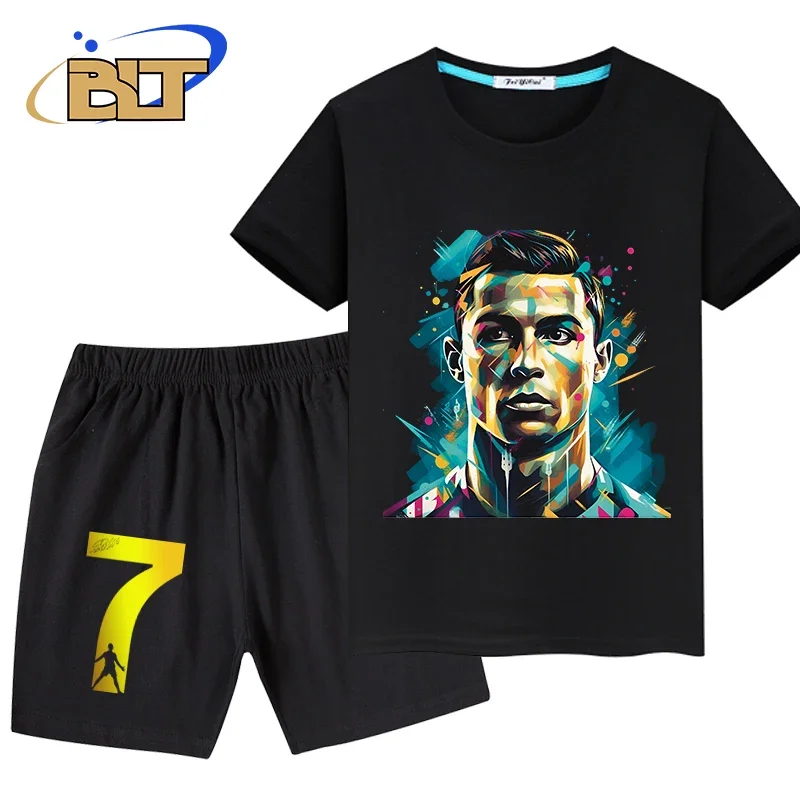 Ropa con estampado de Ronaldo para niños, traje de pantalones cortos de manga corta, Camiseta deportiva, conjunto de 2 piezas adecuado para niños, Verano