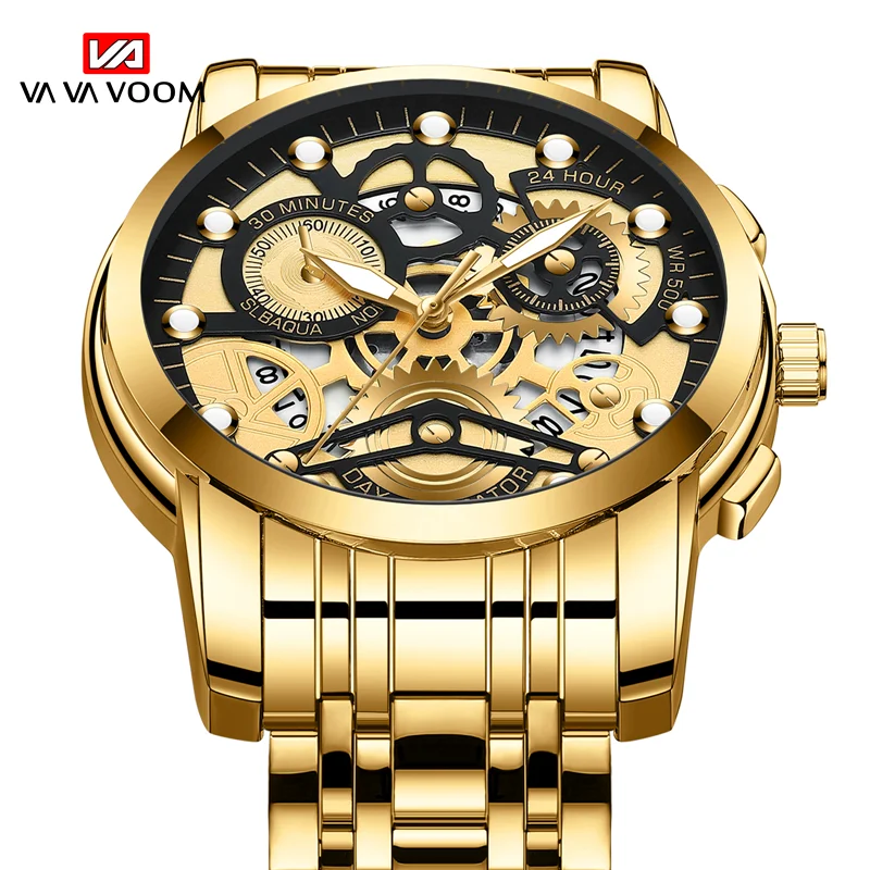 VA VA VOOM 브랜드 남성 시계 41mm 패셔너블한 속이 빈 다이얼 3Bar 방수 블랙 스테인리스 스틸 쿼츠 무브먼트 남성 시계 reloj
