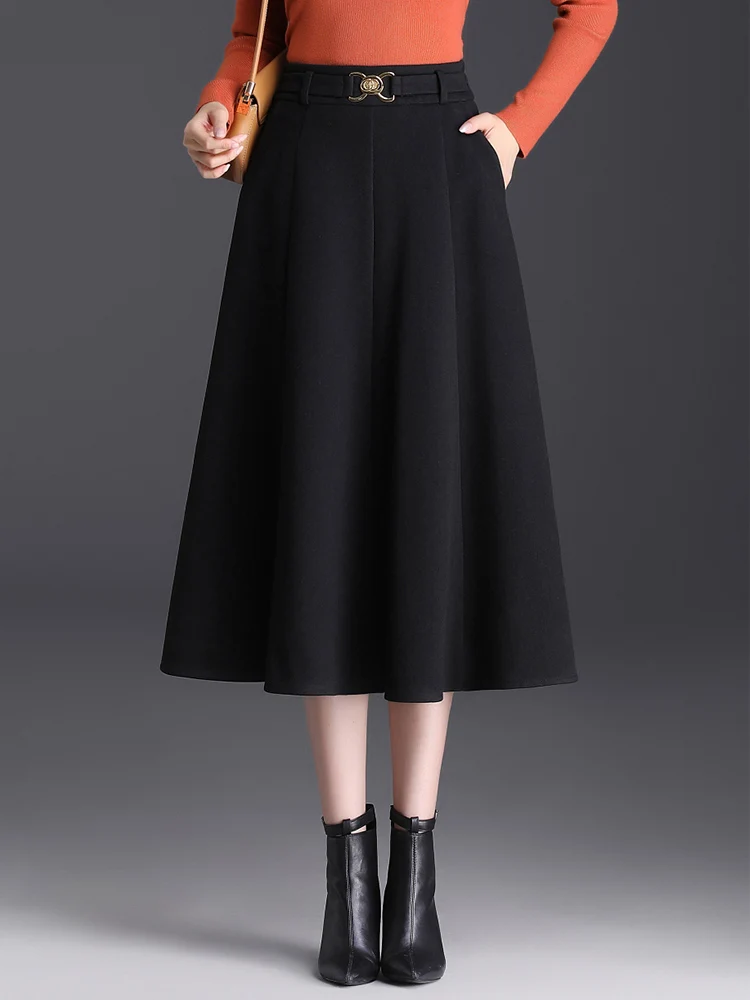 

Fall Winter Women 2024 Korean High Waist Ladies Black Coffee Pleated Skirts S M L XL XXL XXXL Size Mid-Long Pockets Skirt Female