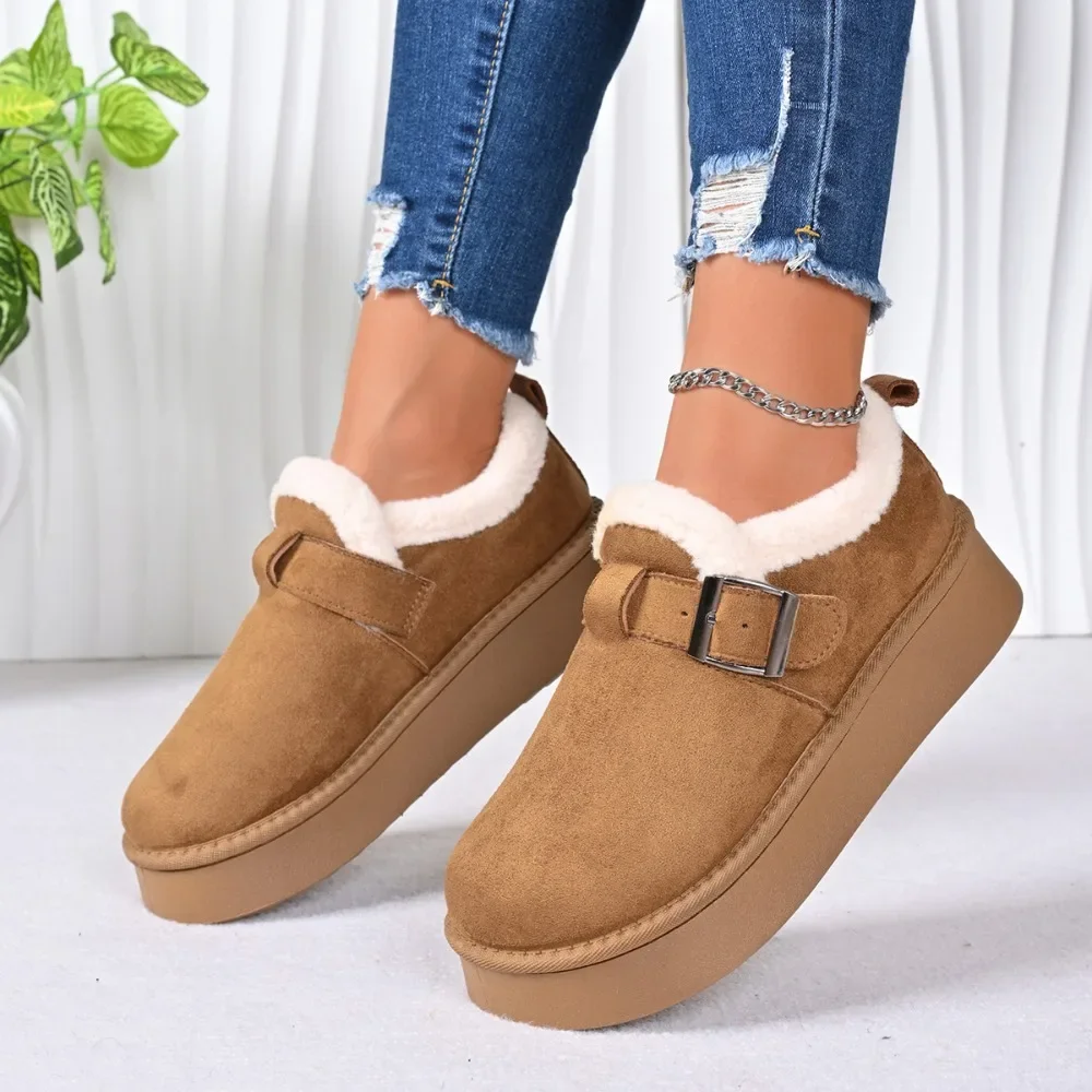2026 Winter Fleece Lined Soft Bottom Retro Slip on Bean Bean Anti Slip Warm Cotton Snow Boots Thin Sole Comfortable Flat Shoes