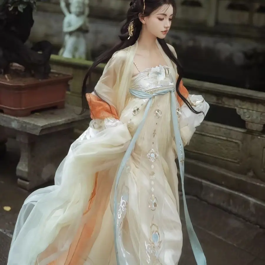 

Chinese Dresses Hanfu Heavy Embroidery Large Sleeve Shirt Qi Chest Skirt Hanfu Women's Tail Fairy-like Elegant Ancient Style
