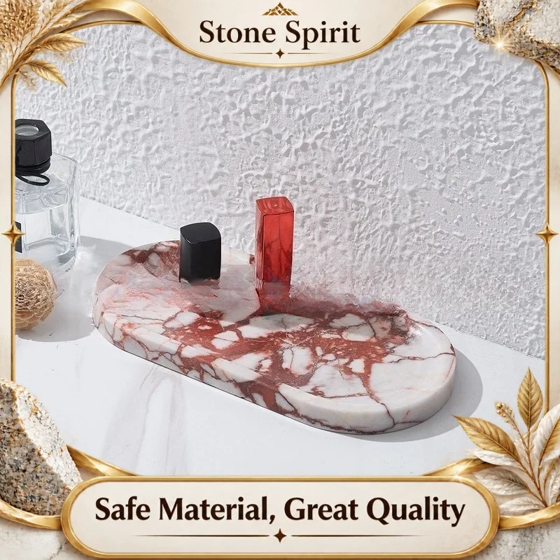 Luxury Bulgari Red Marble Tray, Oval Racetrack Design Perfume Cosmetic Organizer, Premium Stone Vanity Display Stand for Home