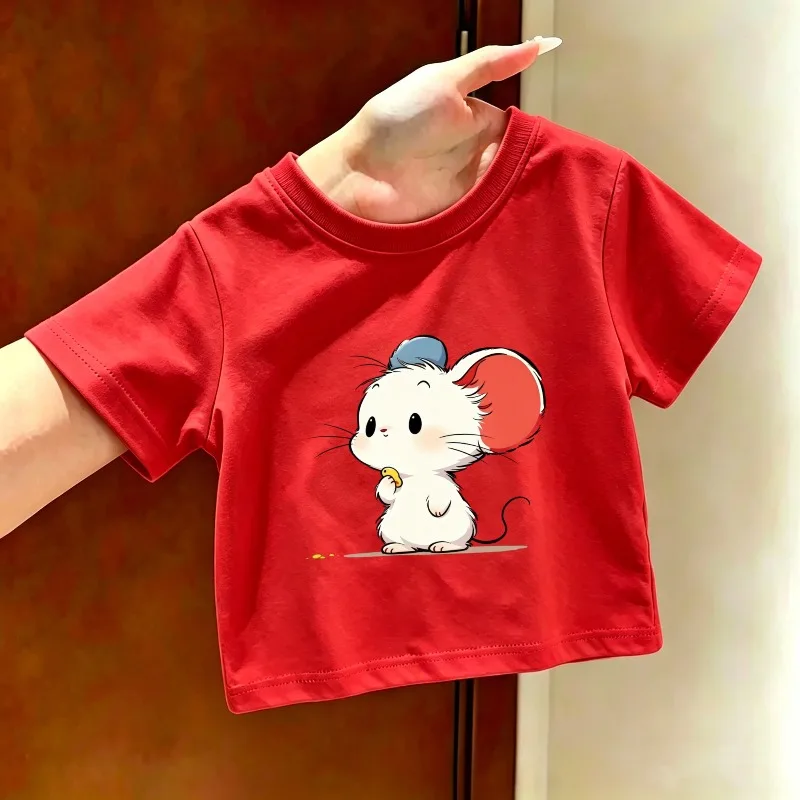Cartoon Mouse Cute Printed Children's T-shirt New Fashion Trend Soft Skin Friendly Round Neck Parent Child Casual T-shirt