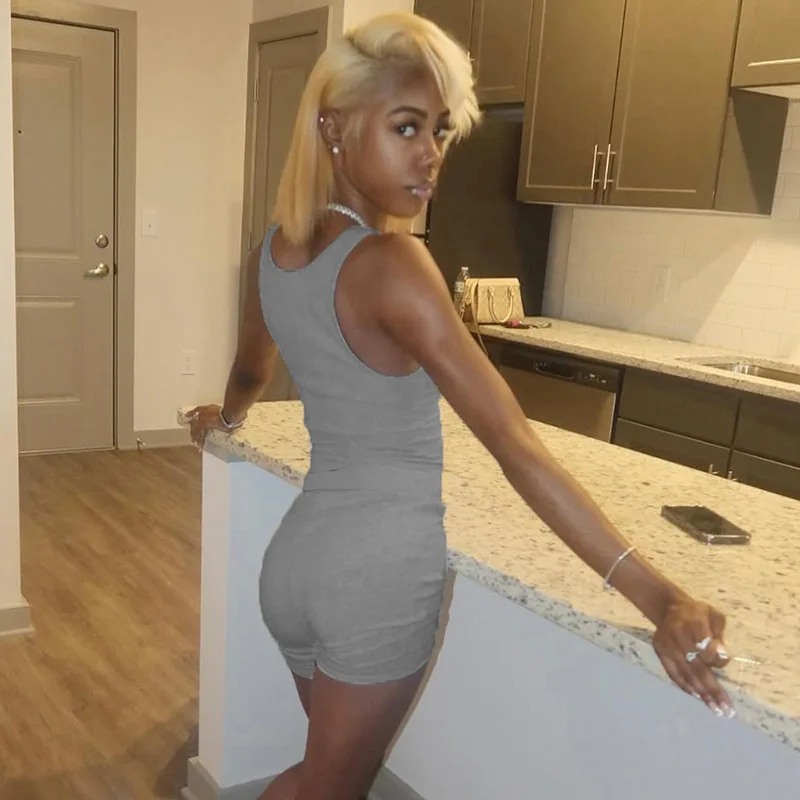 European and American Women's 2-piece Open Navel Vest High Waist Short Sets Solid Sportswear Streetwear 2024 Summer Sports Sets