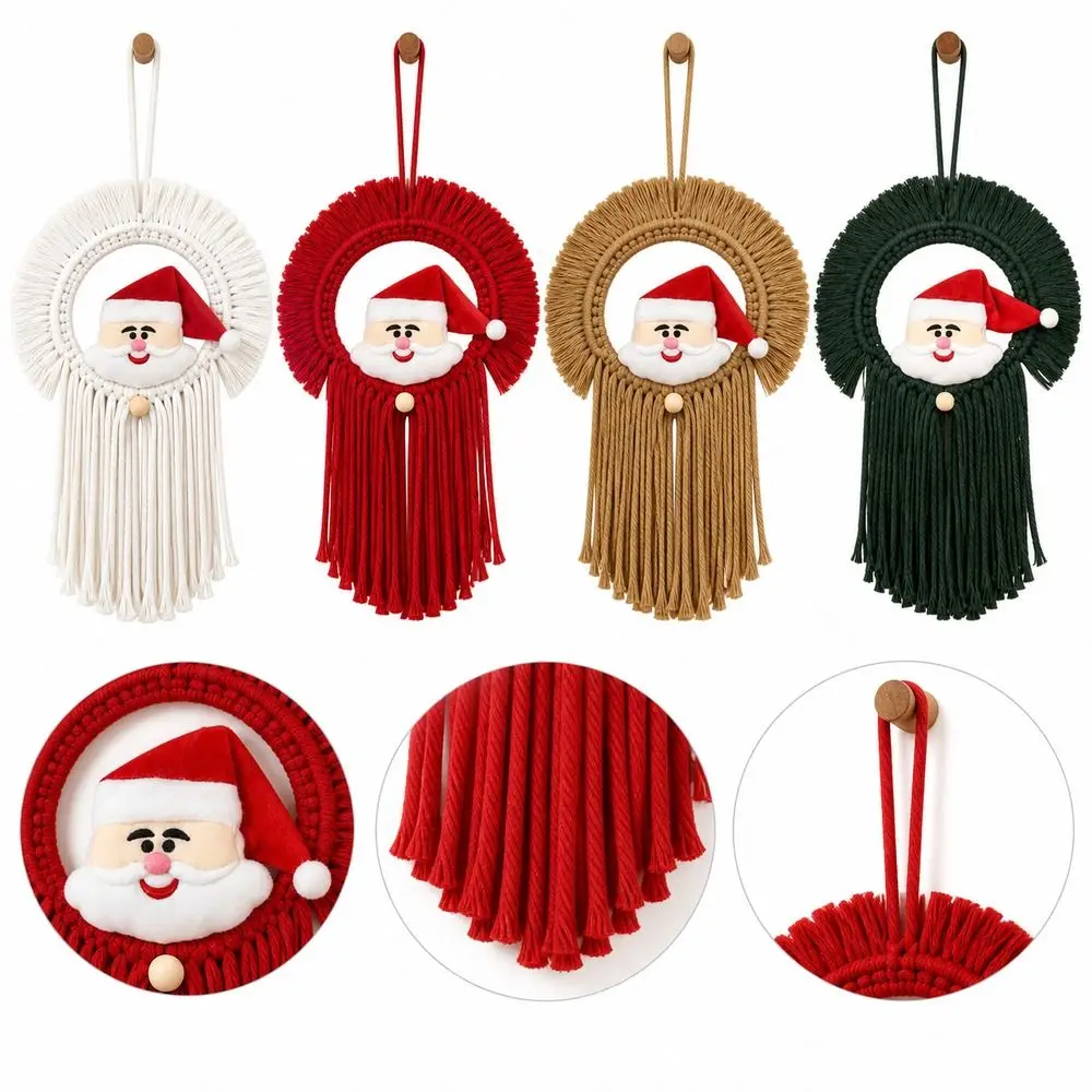 20x30cm Santa Claus Wall Hanging Round Shape Handmade Woven Christmas Wall Tapestry Tassel Fringe Hanging Loop