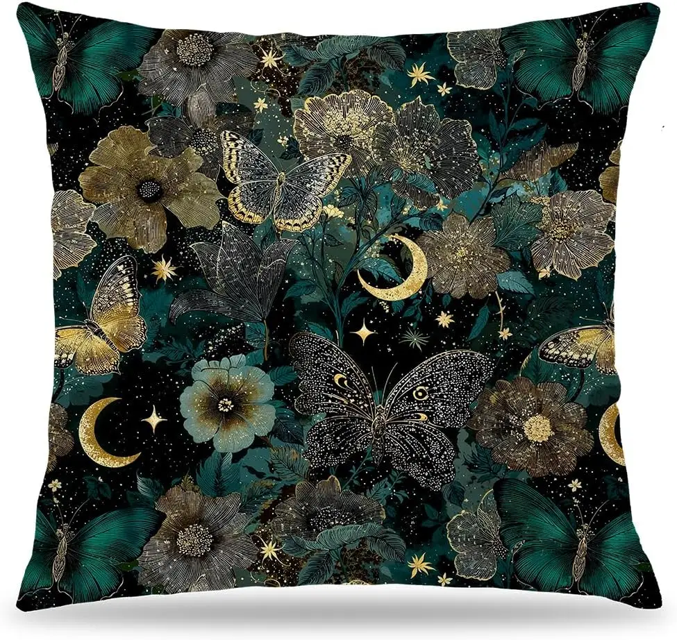 Witchy Celestial Butterfly Floral Throw Pillow Cover 18x18 | Witchy Room Decor, Emerald Green Glitter Butterfly Dark Academia