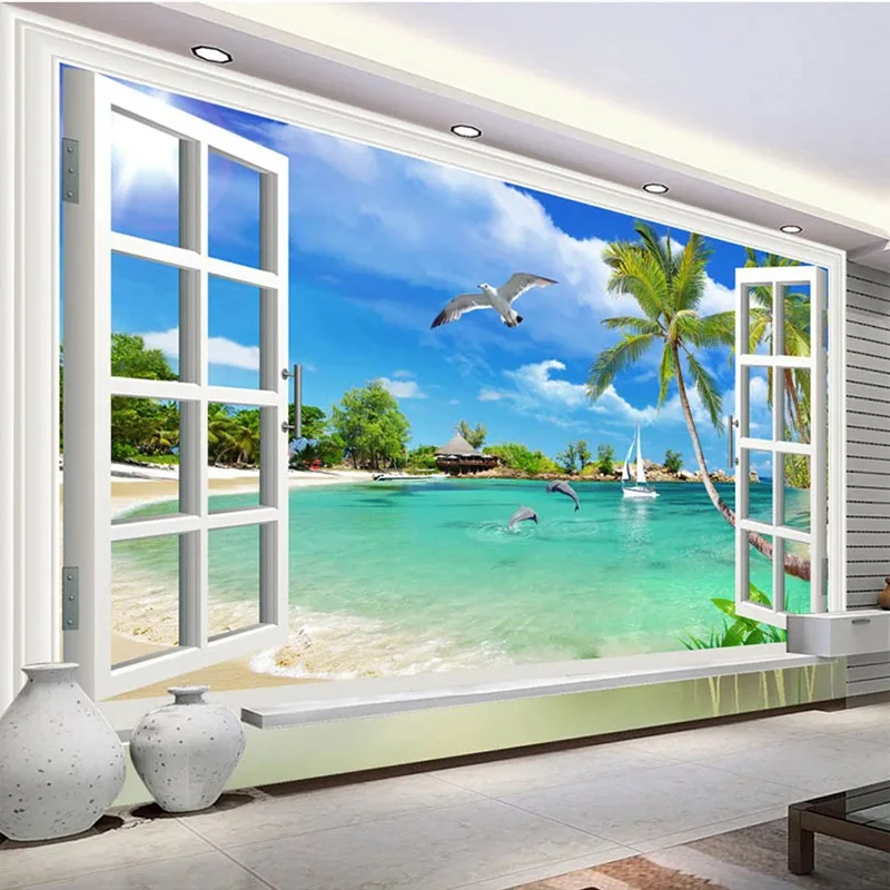 Custom Mural Wallpaper Seaside Dolphin Seagull Beach Photo Wall Papers Living Room TV Bedroom Home Decor Fresco Papel De Parede