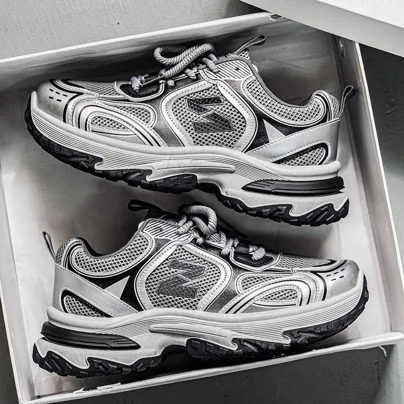 Men's Chunky Silver/White Sneakers | Retro Dad Shoes with Thick Platform Sole | Breathable Mesh Upper