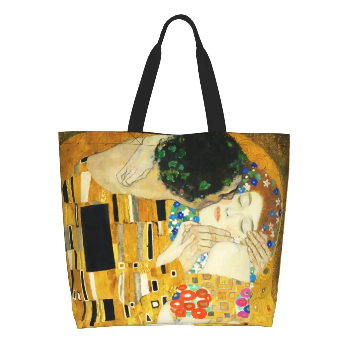 Custom Klimt Kiss Canvas Shopping Bags Women Recycling Big Capacity Grocery Gustav Klimt Freyas Art Shopper Tote Bags