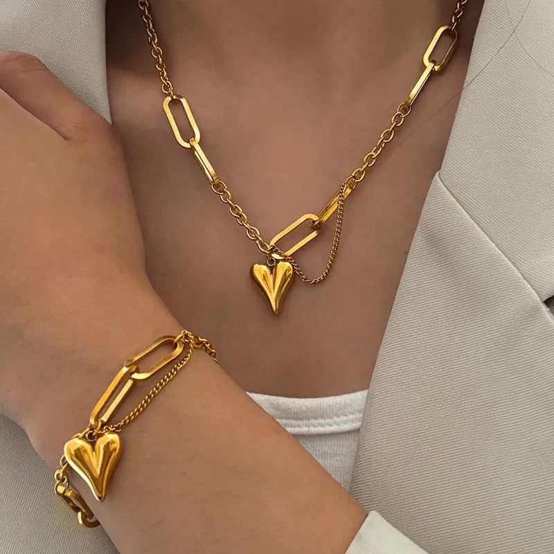 Stainless Steel Gold Color Heart Pendant Necklace Bracelet Set For Women Fashion Metal Heart-Shaped Thick Chain Necklace Jewelry