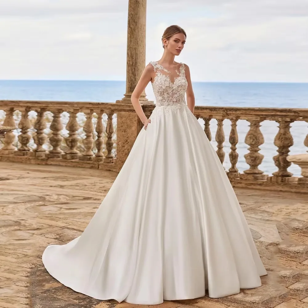 

ONE LIFE Customized Satin Sleeveless Wedding Dresses O Neck Bridal Gowns Women Illusion Floor Length A-Line Vestidos De Novia