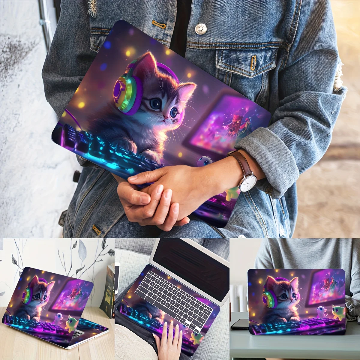 Autocollant de chat de étui d'ordinateur portable en vinyle, 2 pièces/ensemble, étui d'art de bricolage résistant aux rayures, autocollant universel de peau de Netbook Non réutilisable