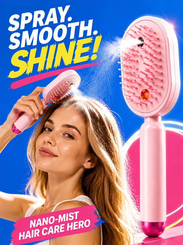 Nano Mist Hair Brush Electric Spray Comb Rechargeable Scalp Massage Detangling Brush for Smooth Hair Care
