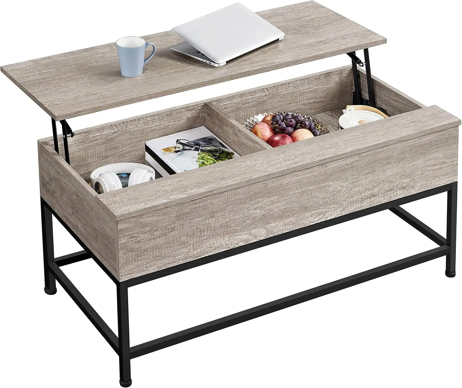 

Lift-top Coffee Table with Storage Compartments & Metal Legs for Living Room, Wood Side Tea Table Retractable Sofa Desk for Home