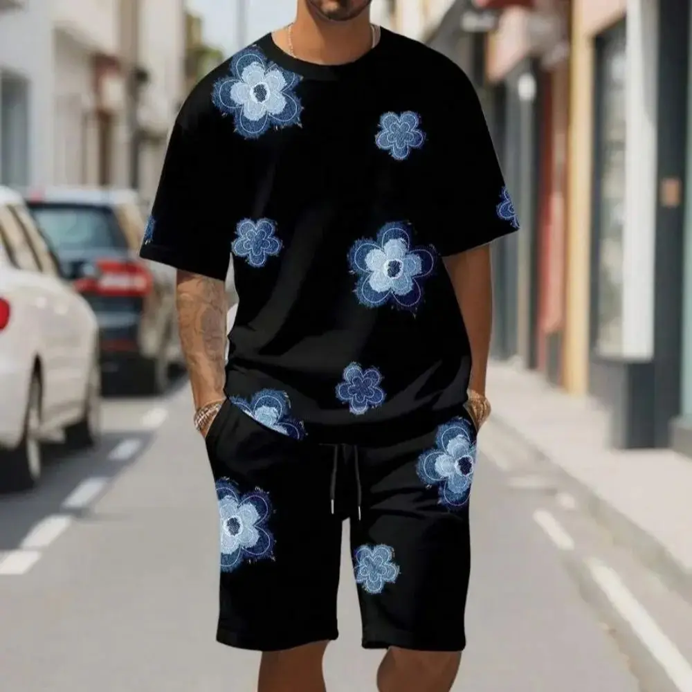 T-shirt et short à col rond pour hommes, respirant et confortable, avec motif imprimé, ensemble deux pièces décontracté pour l'extérieur, été