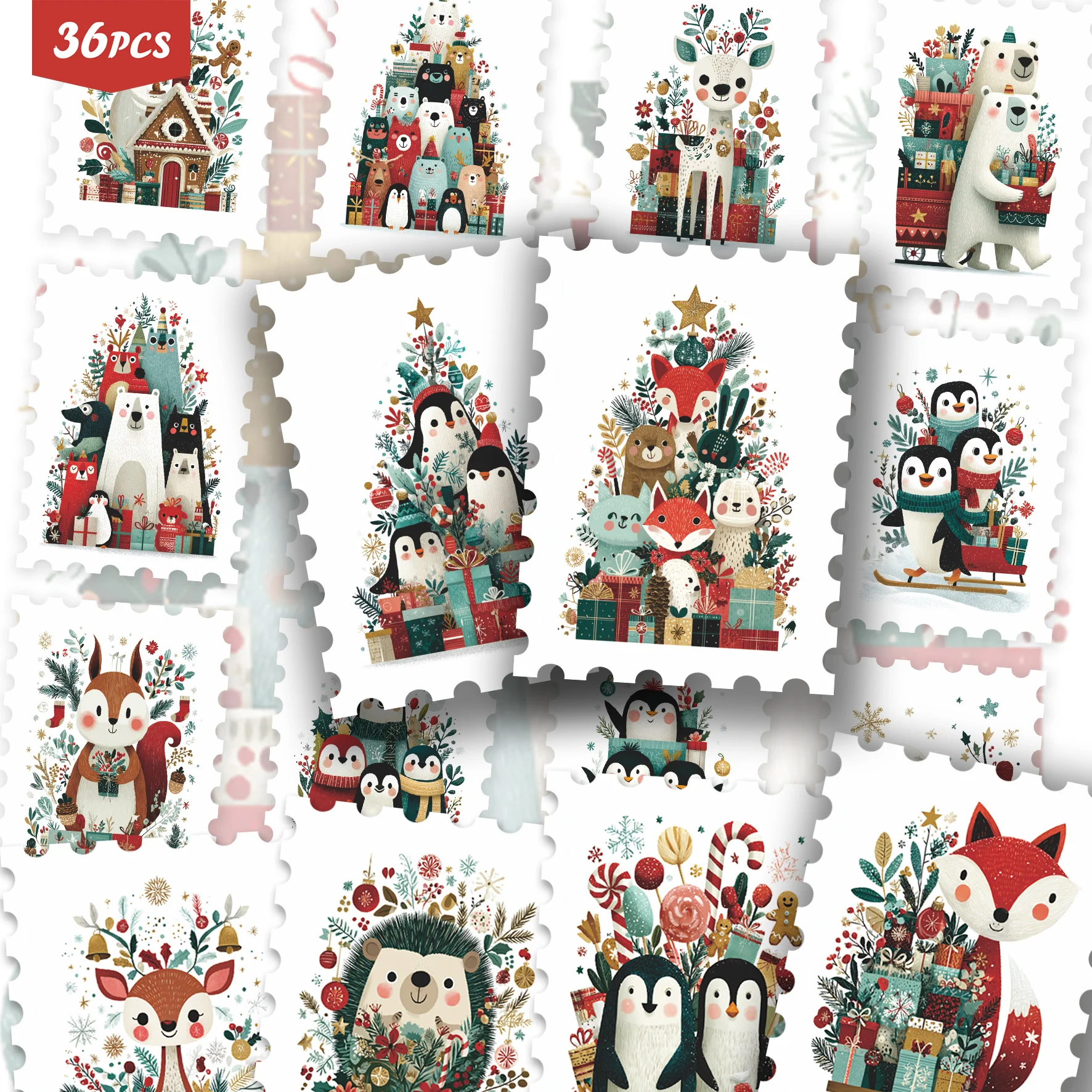 36PCS Christmas Animal Sticker Collection, cute festive animal designs, warm holiday tone, great for journals, tumblers, for pad