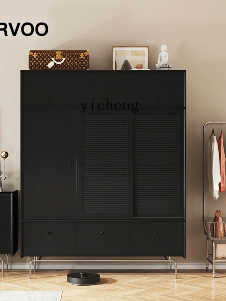 ZC Black Solid Wood Retro Shutter Door Wardrobe Home B & B Bedroom Two Three Four-Door Wardrobe