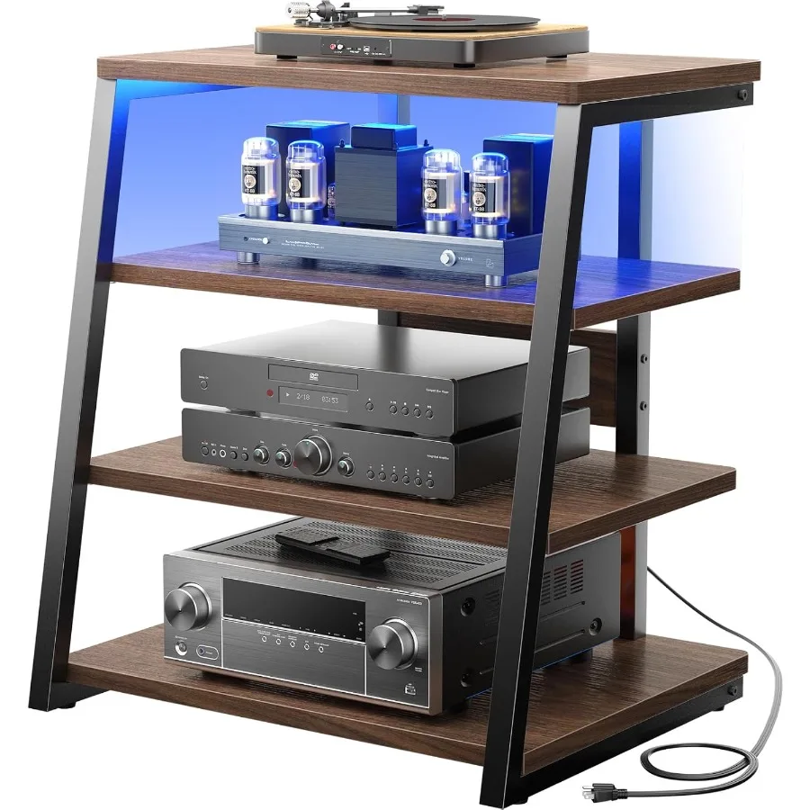 4-Tier AV Media Stand with Power Strips, Corner TV Stand with LED Lights, Rack Audio Tower with Adjustable Shelves,  Black