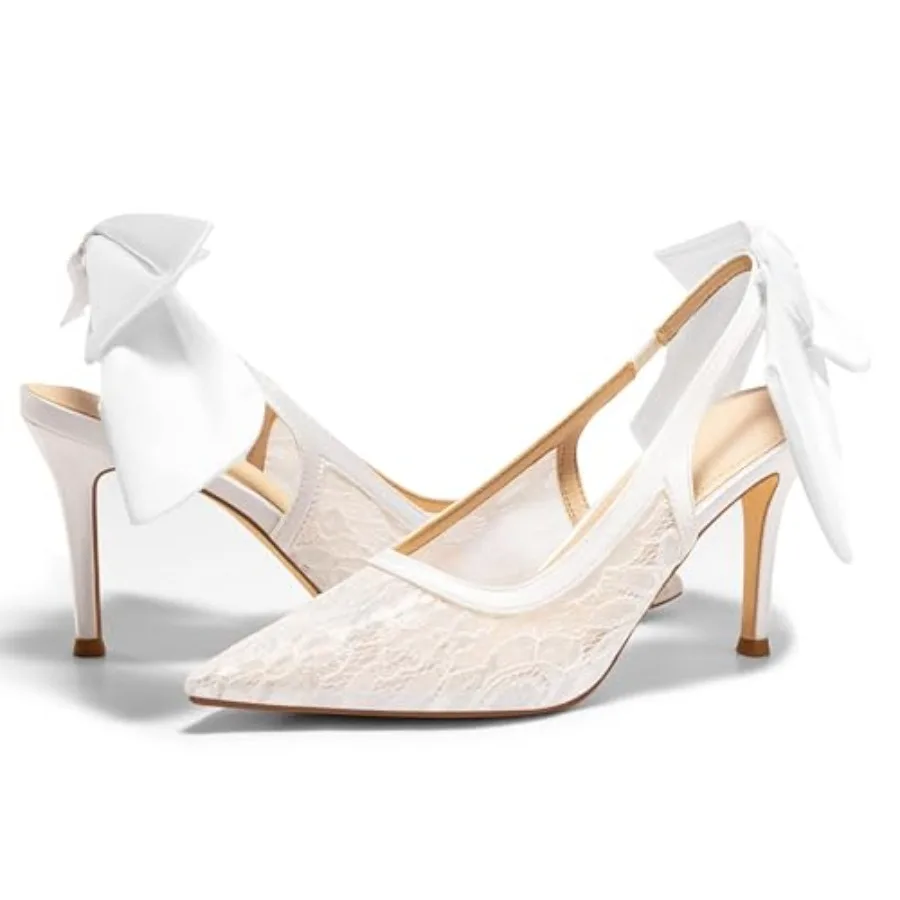 

Coutgo Womens Slingback High Heels Bow Closed Pointed Toe Lace Patchwork Party Dress Shoes