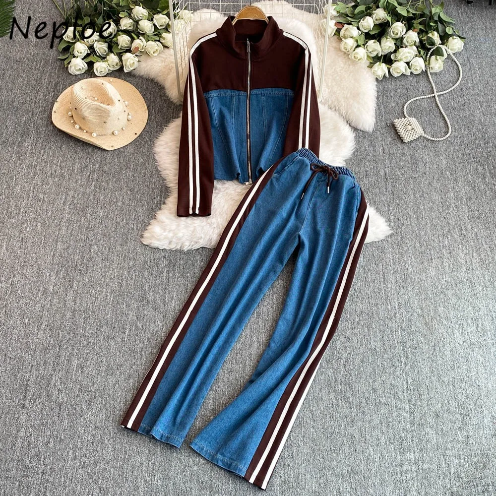 Neploe Europe Turtleneck Long Sleeve Casual Sets Tops Wid Legpants Straight Panelled Lace Up Trousers Moda Stripe Suit Sweatpant