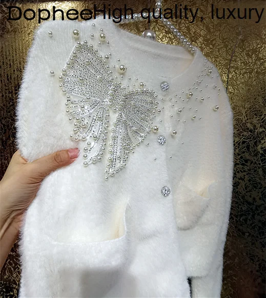 Sequins 3D Elegant Bow White Mink Women Beaded Shiny Plush Knitted Cardigan Autumn Winter New Thick Warm Sweater