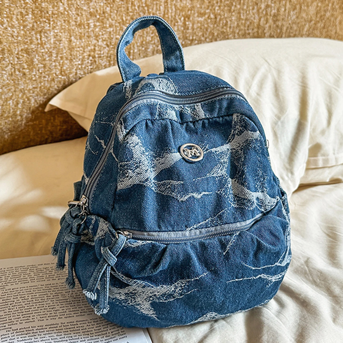 Retro Washed Denim Backpack Casual Commuter Travel Lightweight Versatile Young Women's Bag Zipper Closure One Compartment
