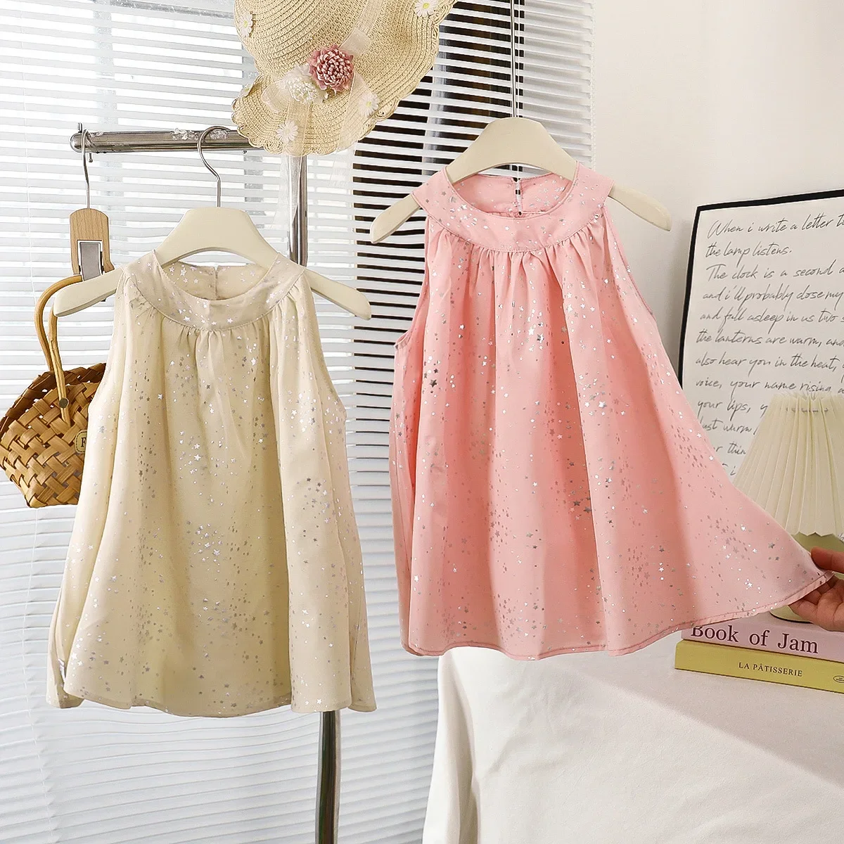 Summer Sleeveless Princess Dress Star Pattern Pink Sequin Dress Simple Raglan Dress For 1-7 Years Baby Girls Beach Clothes