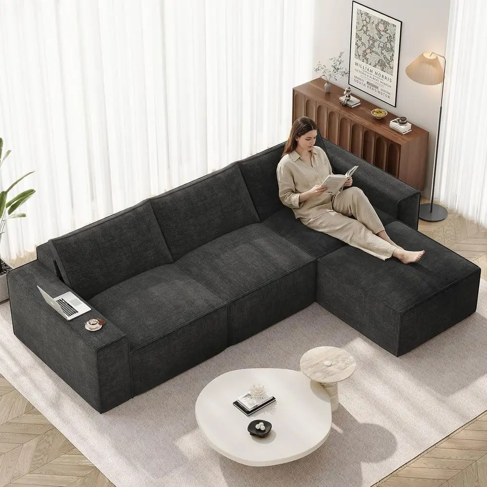 

3 Seater L-Shaped Sectional Sofa with Ottoman, Deep Seat, Convertible Chenille Couch for Living Room, Grey, No Assembly Needed