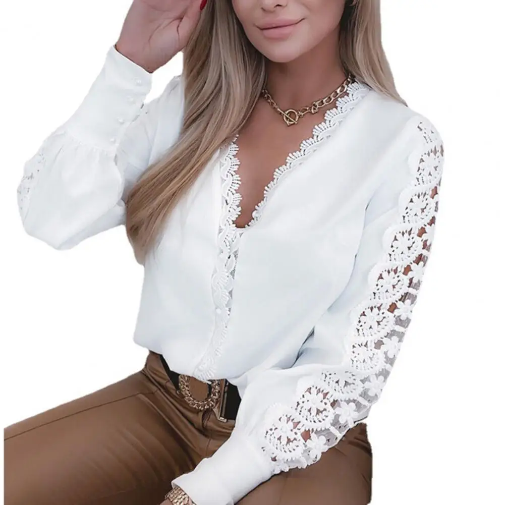 

Casual Lace Top Elegant Women's V-neck Lace Stitched Shirt with Faux Pearl Buttons Solid Color Cuffs Chic for Fashionable