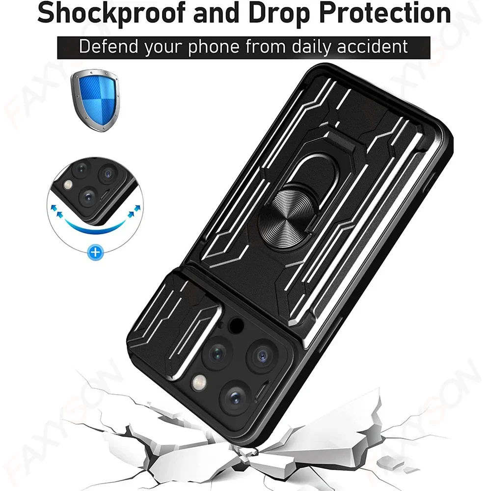 Phone Case For iPhone 18 17 16 15 14 13 12 11 Pro Max Plus SE Slide Camera Card Slot Military Grade Ring 360 Magnetic Back Cover