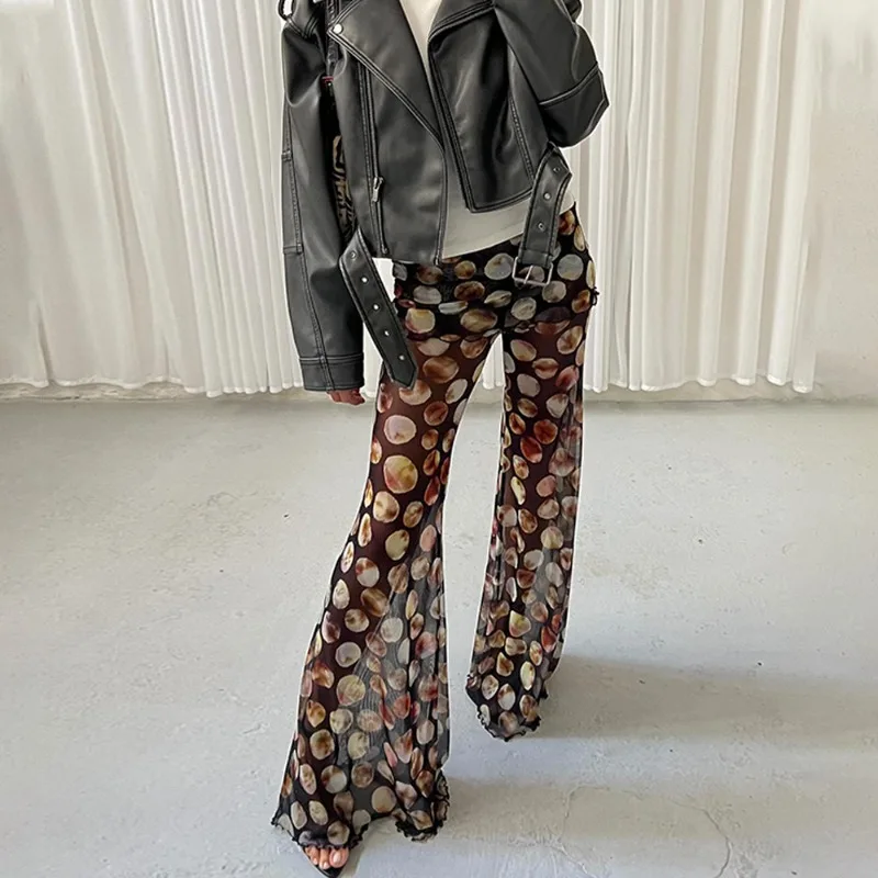 Summer New Fashionable and Sexy Leopard Print Mesh Printed Trousers Women's Hot-selling High-waisted Micro-pull Trousers