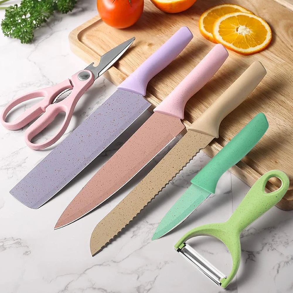 6Pcs Macaron Color Kitchen Knife Set For Chef Cooking Stainless Steel Scissors Fruit Knifes Kitchen Accessories Supplies