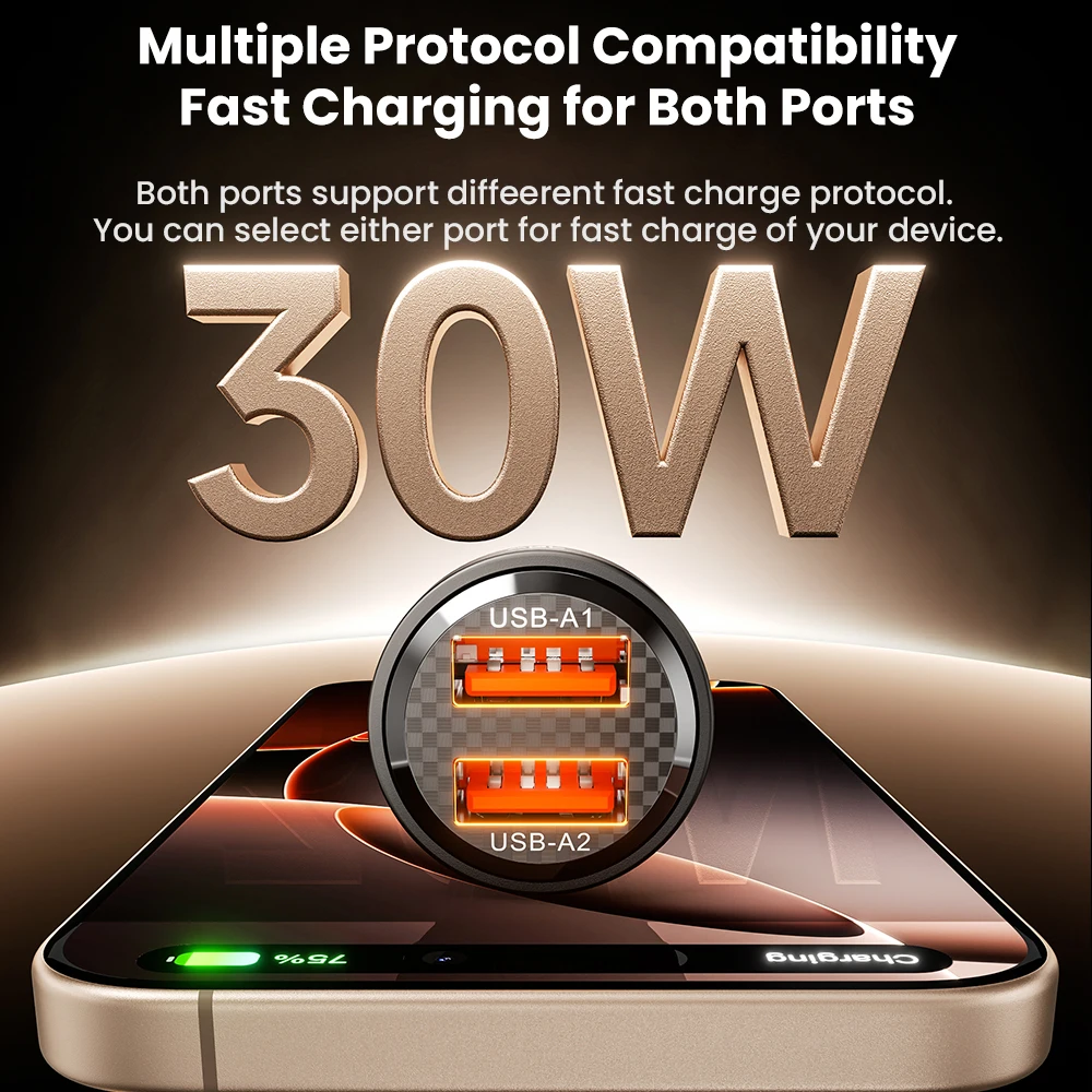 Toocki 30W USB Car Charger Transparent Dual Port Car Charger For iPhone 14 13 12 Pro Max Xiaomi 12 13 Samsung S23 S24 Poco X7