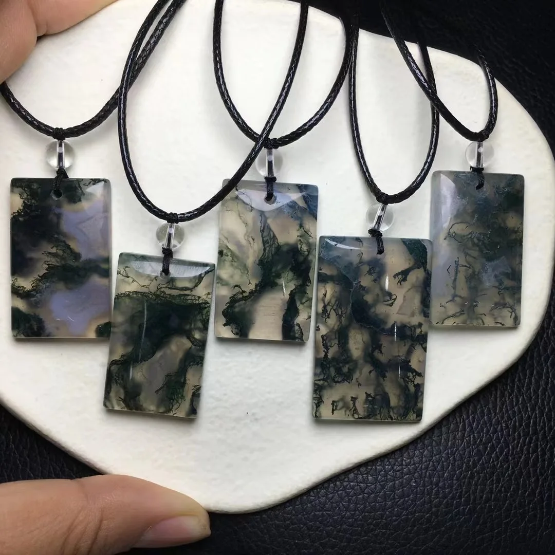 1 Pc Fengbaowu Natural Moss Agate Square Pendant Wax Cord Reiki Healing Stone Fashion Jewelry Gift Women Men