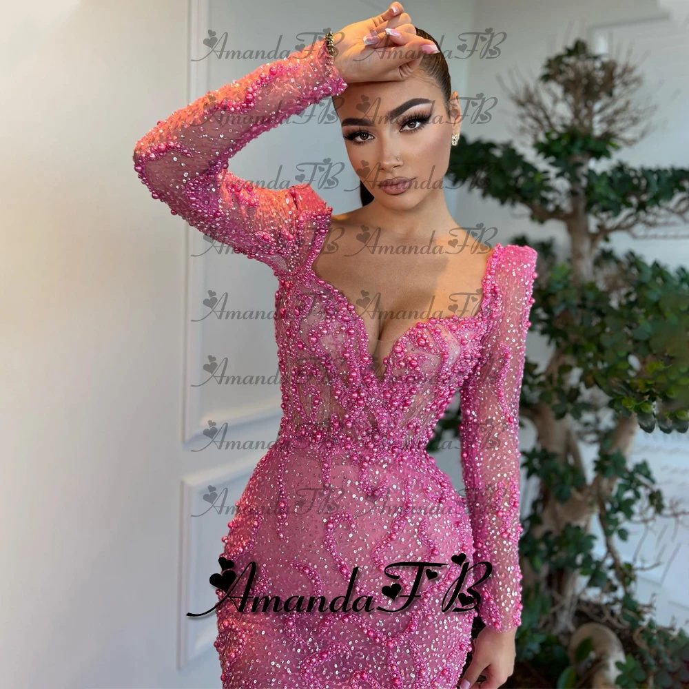 فساتين سهرة حورية البحر مطرزة بالخرز من أماندا بأكمام طويلة وأحجار الراين العربية السعودية فيستدوس دي فيستا للحفلات الرسمية حسب الطلب