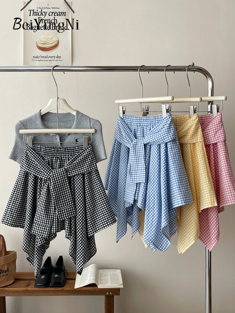 Beiyingni Japanese Preppy Style Women Skirt Plaid Casual Irregular Lace-up Mini Skirts for Woman Vintage Fashion Summer Faldas