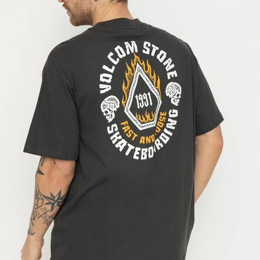 2026 New VOLCOM Family Matching Oversized Unisex Streetwear T Shirt Back Skull Flame Skate Print Short Sleeve Casual Tees