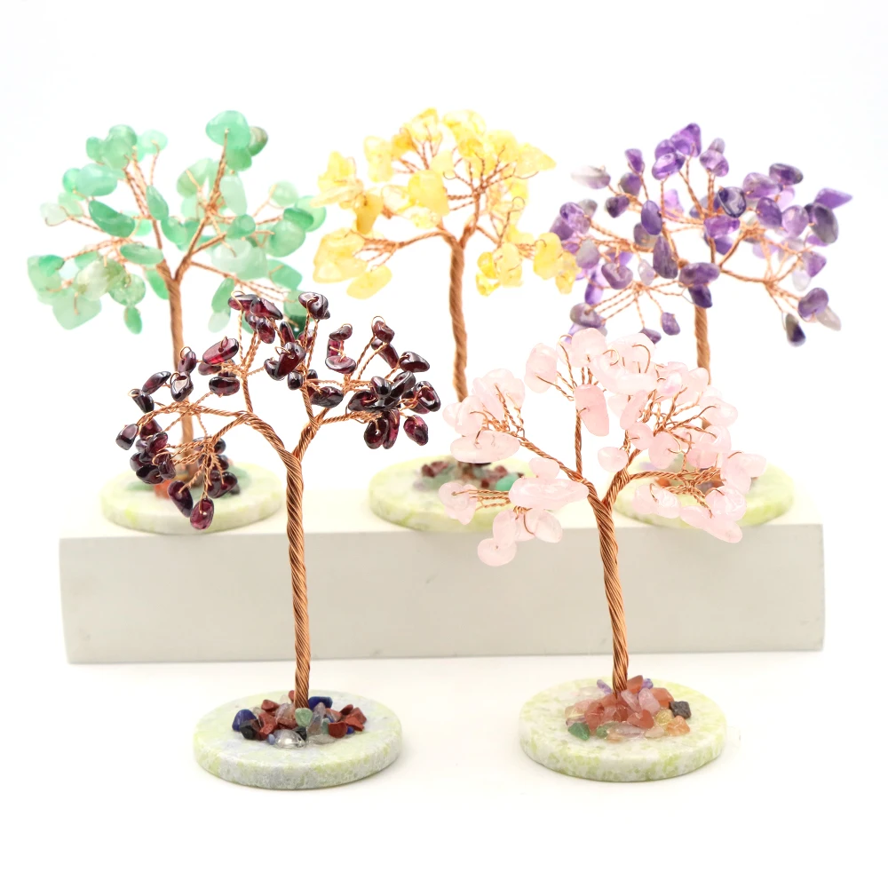 Natural Crystal Copper Wire Tree Mini Bonsai Simulation Plants Stone Base for Table Home Room Bedroom Decor Gemstone Ornaments