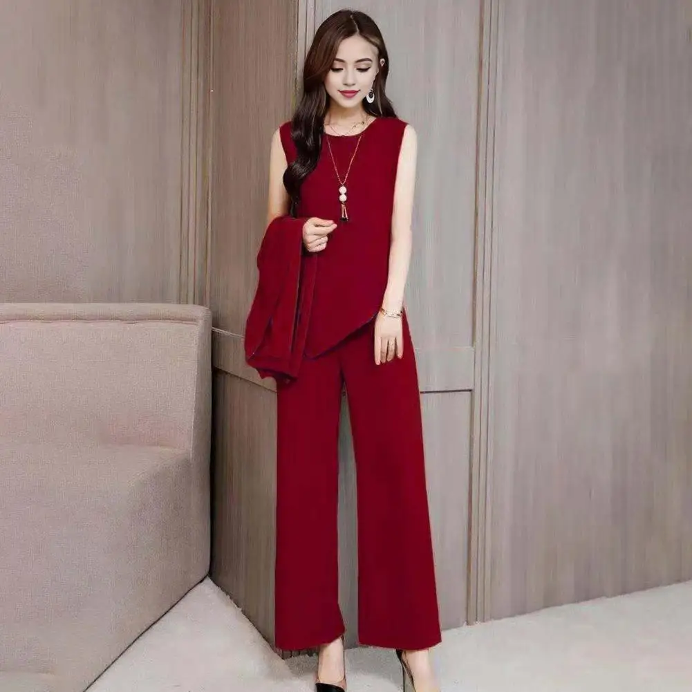 Women Fall Suit Elegant Women\'s Spring Fall Outfit Set with Sleeveless Vest Long Sleeves Coat Wide Leg Pants for Office Daily