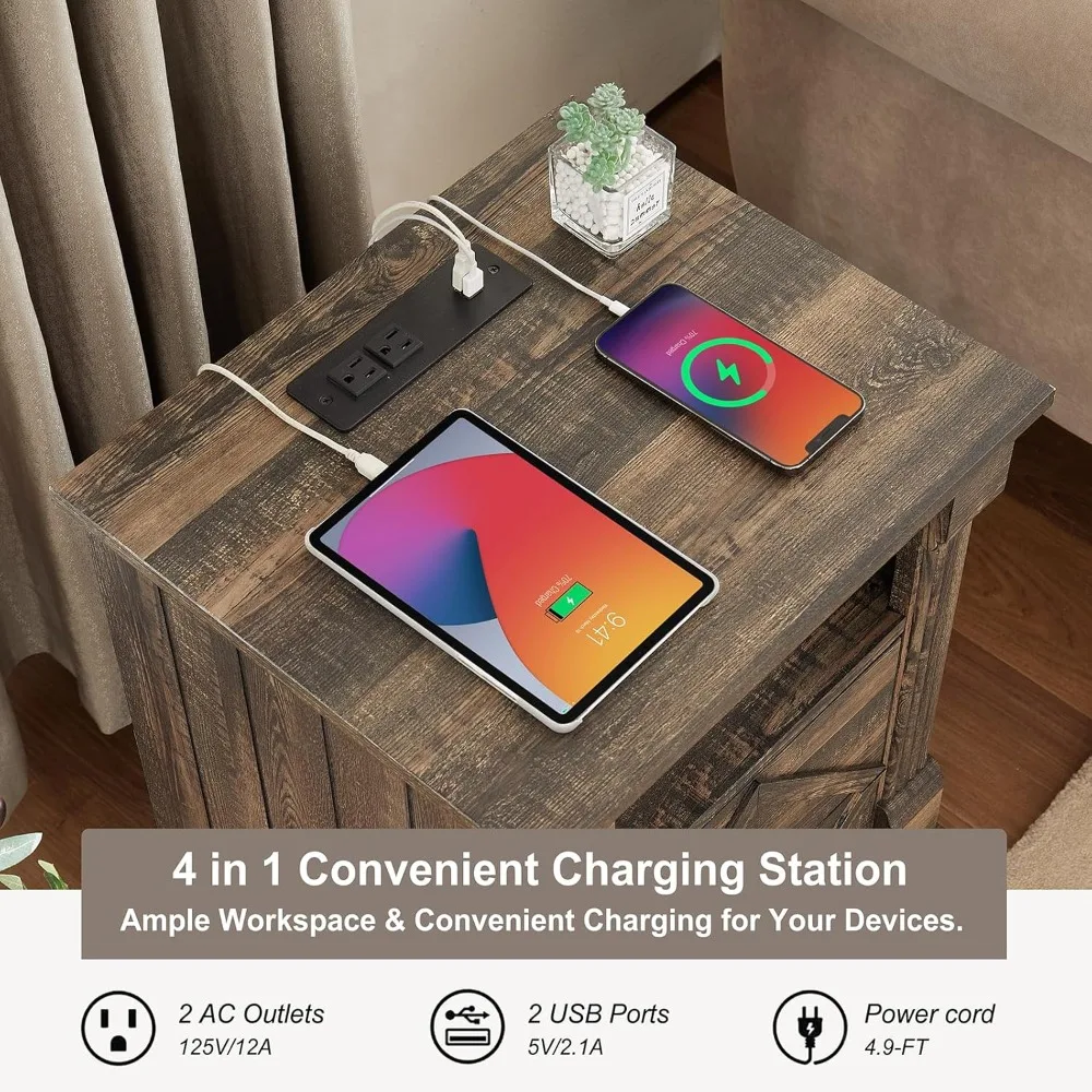 منضدة على طراز المزرعة الحديثة مع منفذ شحن، وطاولة جانبية خشبية ذات درج مزدوج، ولمسة عمود روماني لمساحات المعيشة