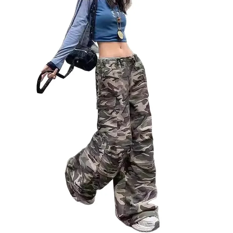 سراويل العمل المموهة الأمريكية الرجعية فضفاضة مستقيمة الساق عادية رقيقة طويلة بنطلون للنساء الصيف نمط شارع العليا #5