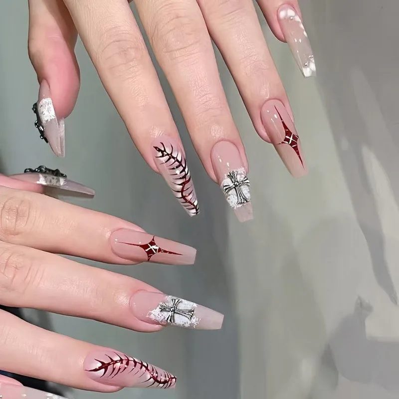10Pcs Cross Design Handmade Press on Nails Nude-Tone Sweet & Edgy Lace Unique Nails Perfect for Gifting To Girls and Friends