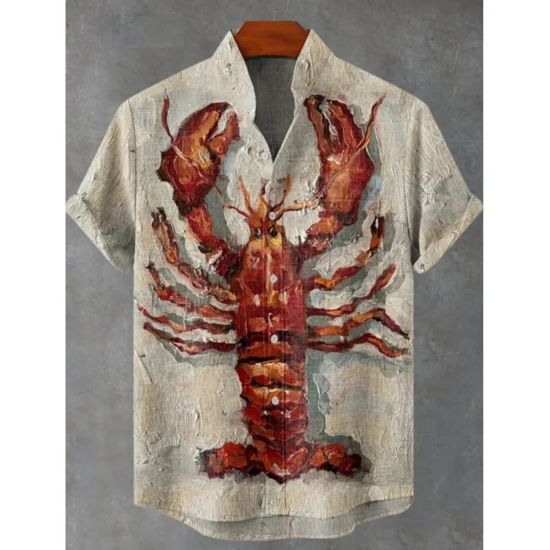 

2025 Men's Lobster Pattern Short-sleeved Shirt Summer Vintage New Linen Shirt Men's Short-sleeved Leisure Holiday Streetwear