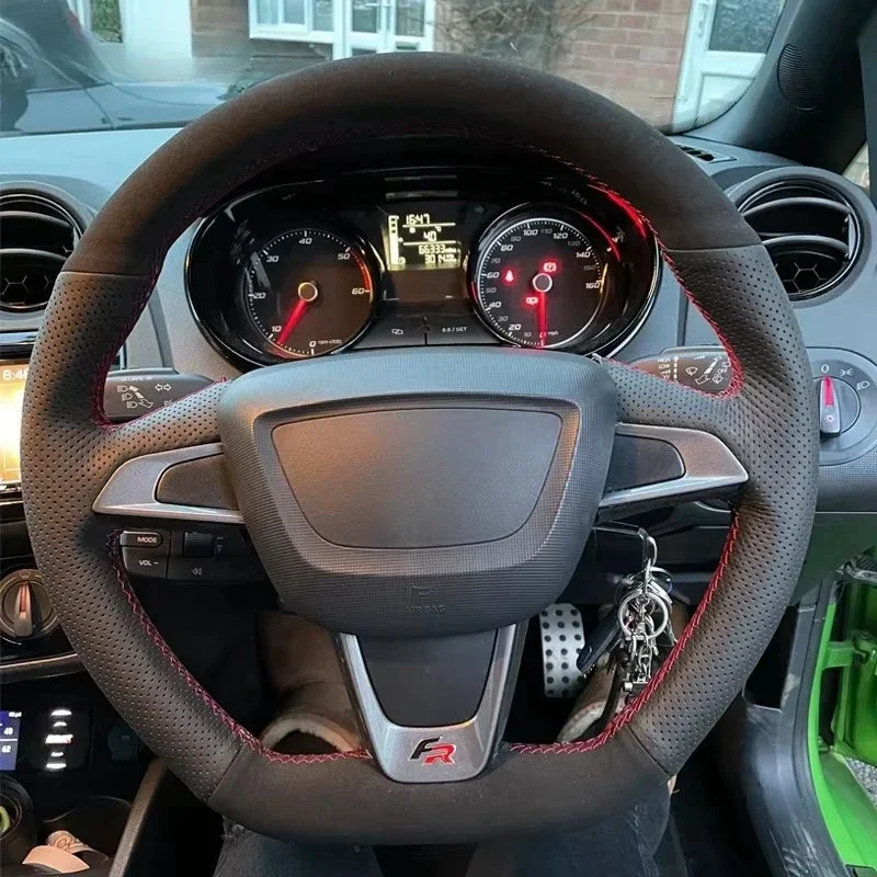 `Hand Sew Suede Steering Wheel Cover for Seat Ibiza 6J FR CUPRA 2015 Mii FR Custom Braided Leather Steering Protector`